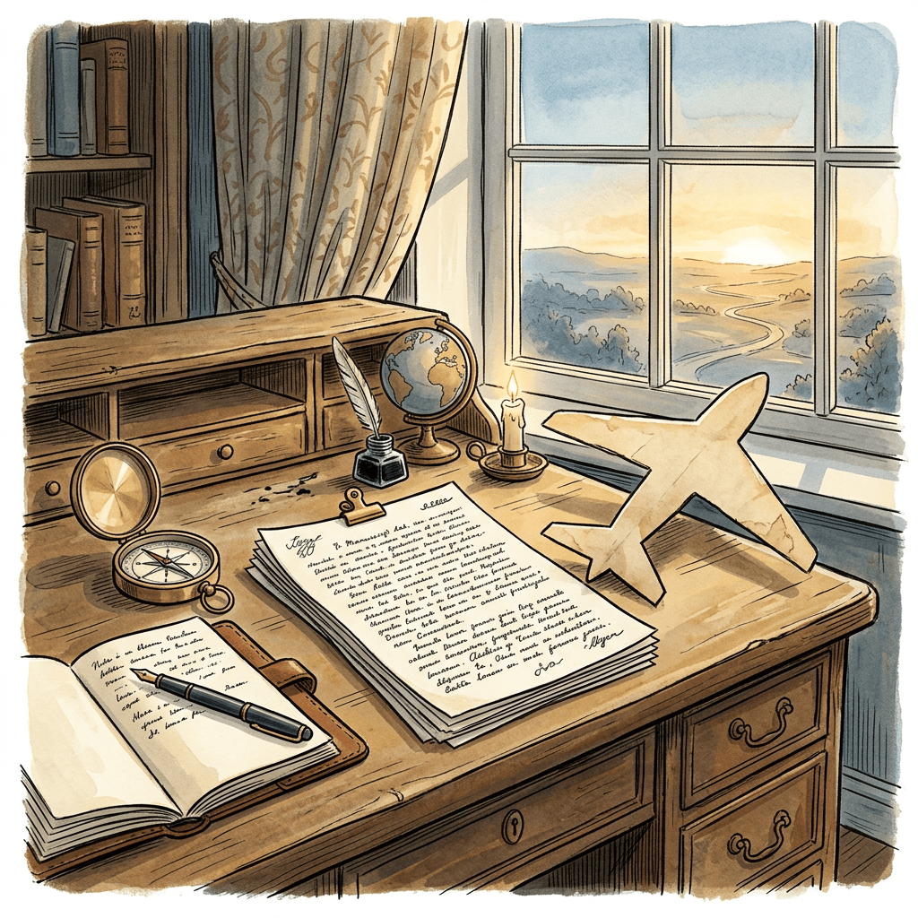 Illustrated desk with travel letters, airplane model, globe, compass, and sunset landscape